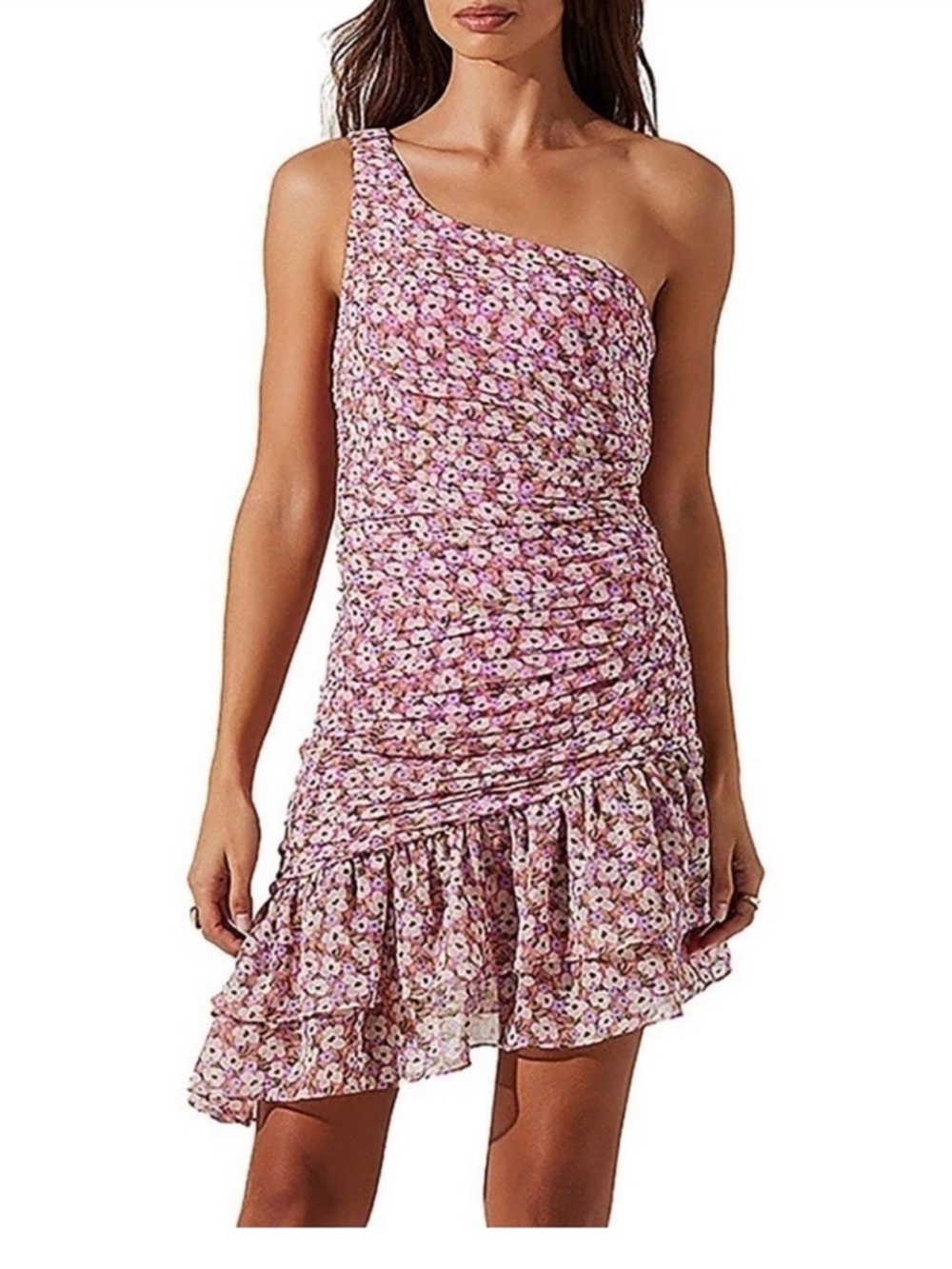 ASTR The Label One-Shoulder Pink Floral Ruffle Dress
